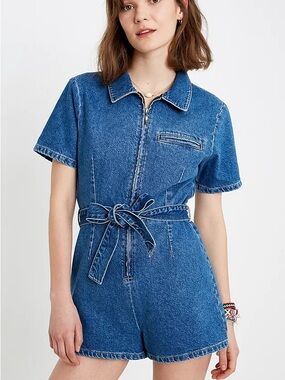 Urban Outfitters Blue Denim Short-Sleeve Zip Romper